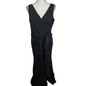 Graceful FQA Maxi Gown Women L Black V-Neck Ruffle Wrap Formal Evening Dress